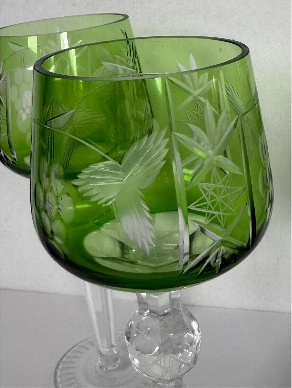 Ajka Green Cut Crystal Wine Goblets Grapes Pattern Set of 4 Hungary F-12